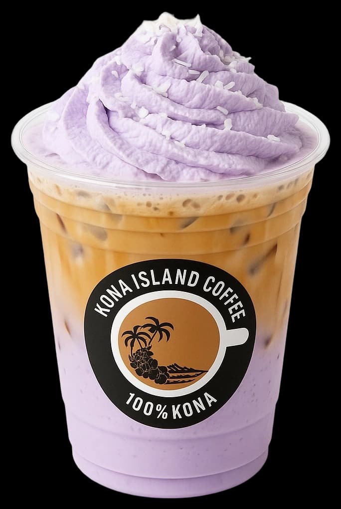 An iced Hilo Ube latte, its violet color layered under whipped cream.